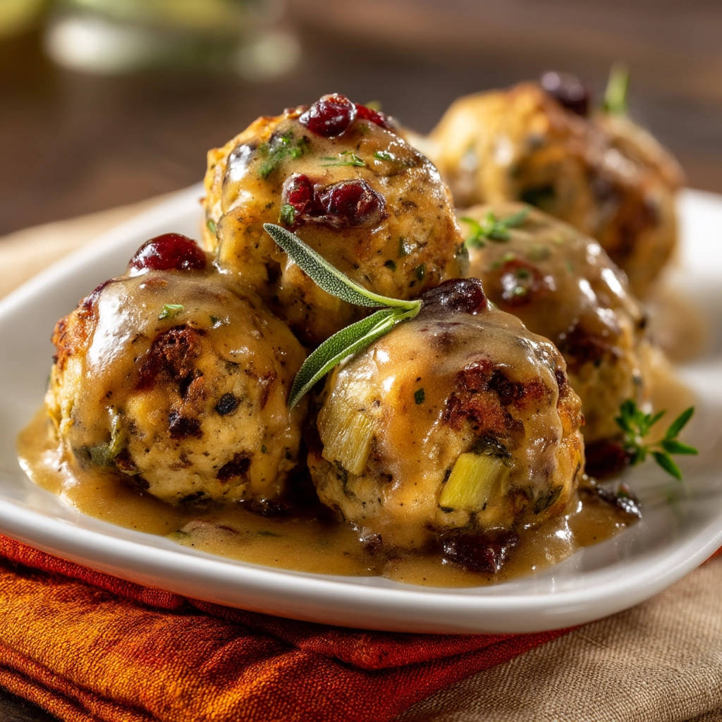 Turkey meatballs with cranberry gravy, presented as a close-up detail shot with fresh herb garnish.
