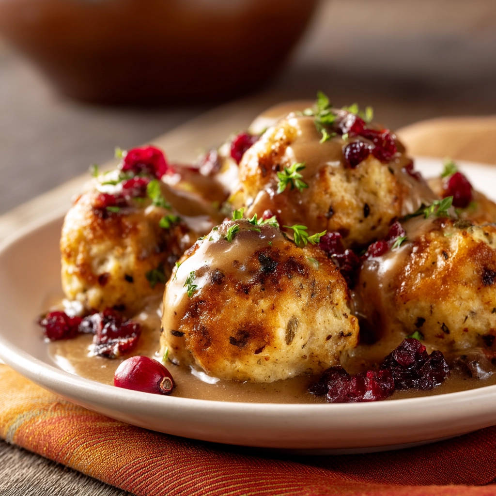Turkey meatballs with cranberry gravy, served on a plate and garnished with fresh herbs and cranberries.