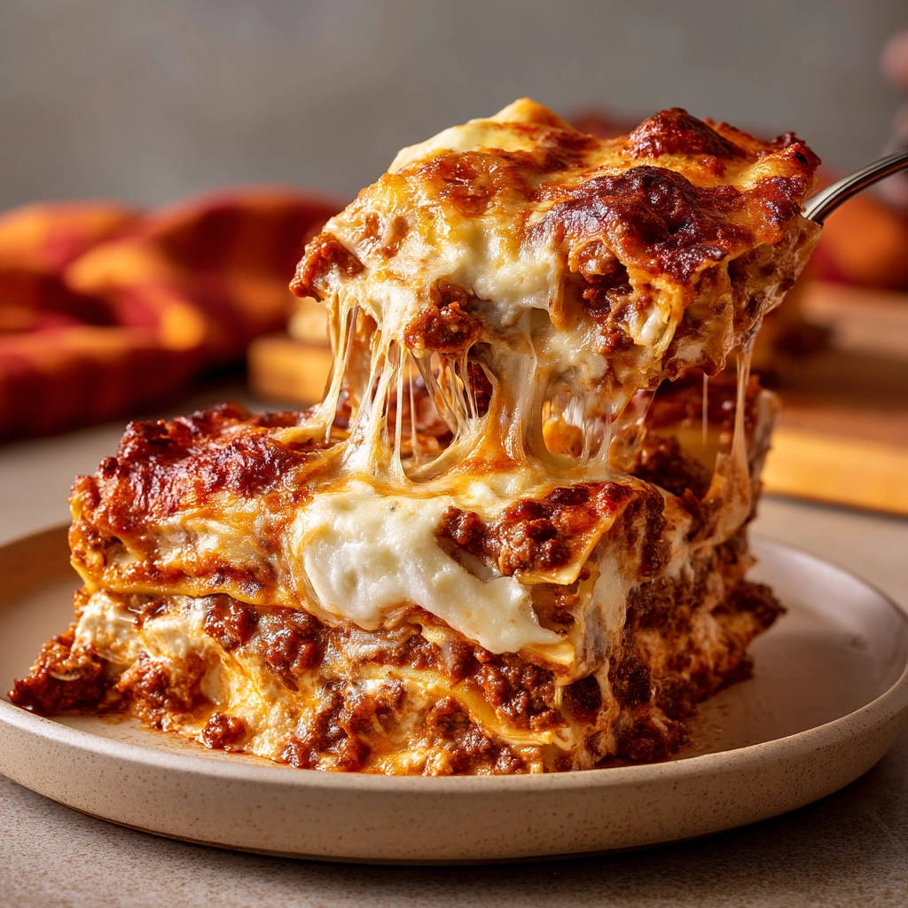 Ultimate Cheesy Lasagna with a gooey cheese pull being lifted from a slice on a plate.