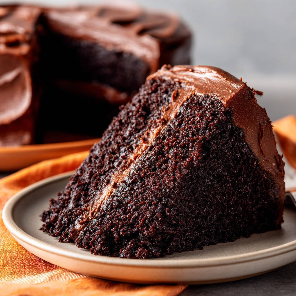 Ultimate chocolate cake slice revealing its moist, rich interior on a plate.