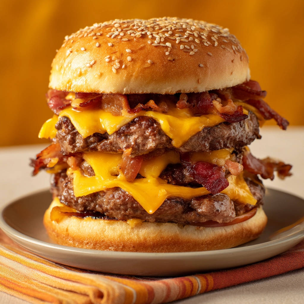 Ultimate double cheeseburger recipe stacked high with juicy beef patties, melted cheddar cheese, and crispy bacon.