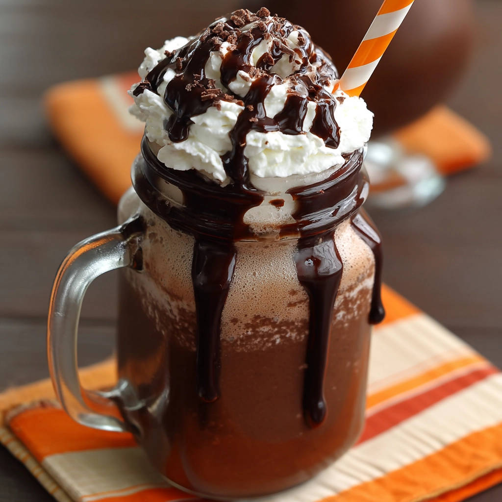 Ultimate frozen chocolate drink topped with whipped cream, chocolate syrup, and shavings, served in a mason jar.
