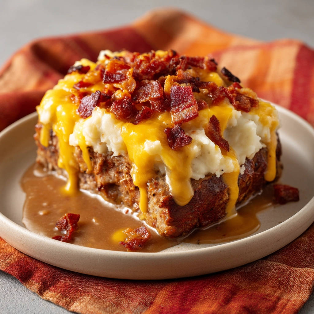 Ultimate loaded meatloaf plated with mashed potatoes, melted cheese, and bacon topping, in a rich gravy.