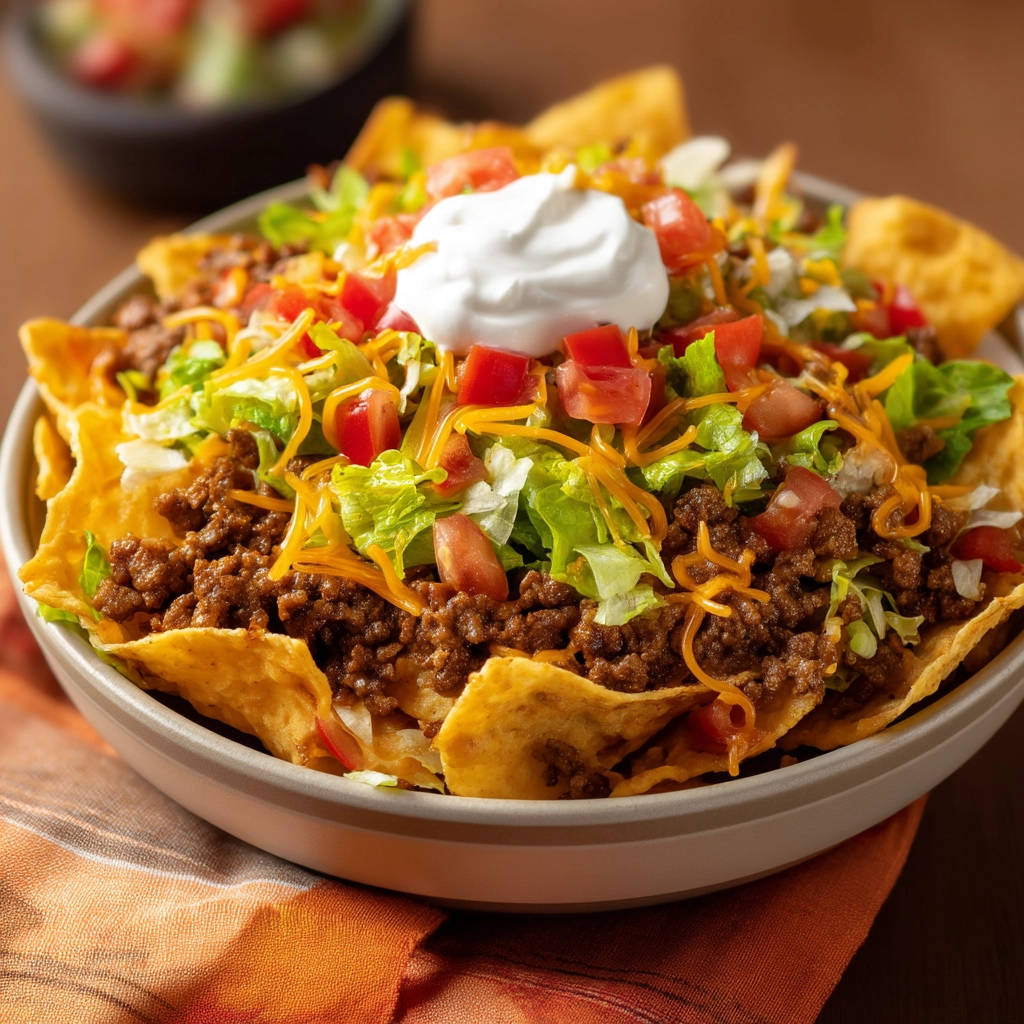 Ultimate Nachos Supreme topped with a dollop of sour cream, shredded cheese, and fresh tomatoes.