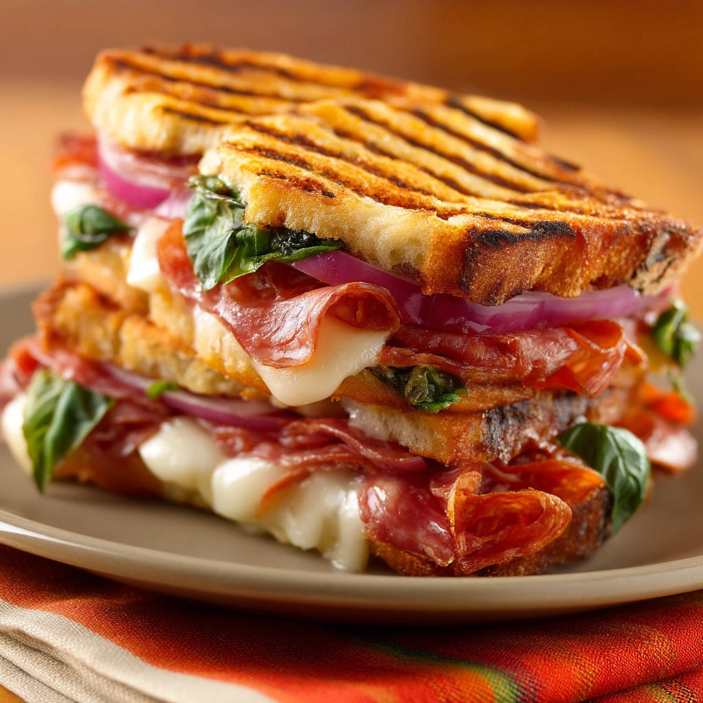 Ultimate Salami & Cheese Melt, a close-up cross-section showing layers of salami, melted cheese, and red onion.