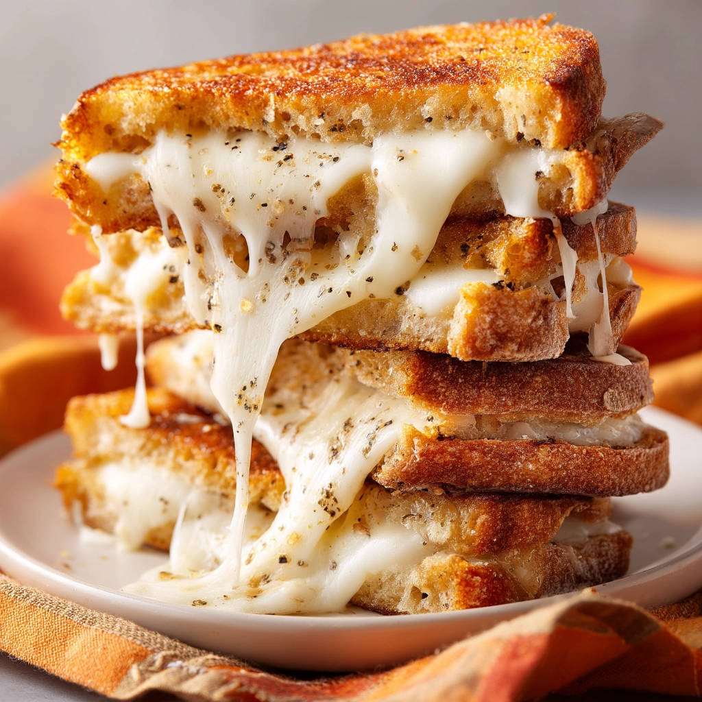 Ultimate stretchy grilled cheese stacked high, showing a gooey, melted cheese cross-section with visible seasoning.