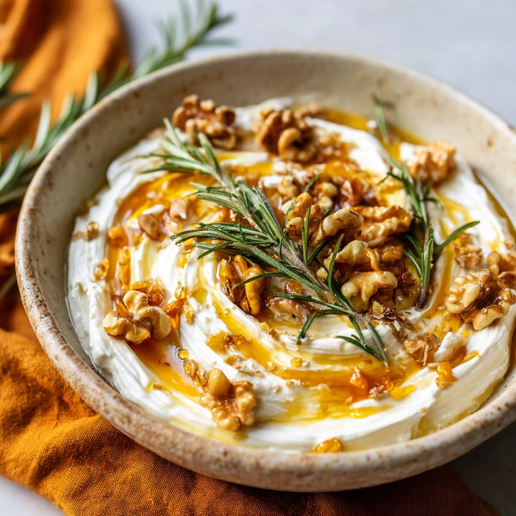 Whipped feta dip with walnuts and honey, garnished with fresh rosemary sprigs and drizzled with honey.