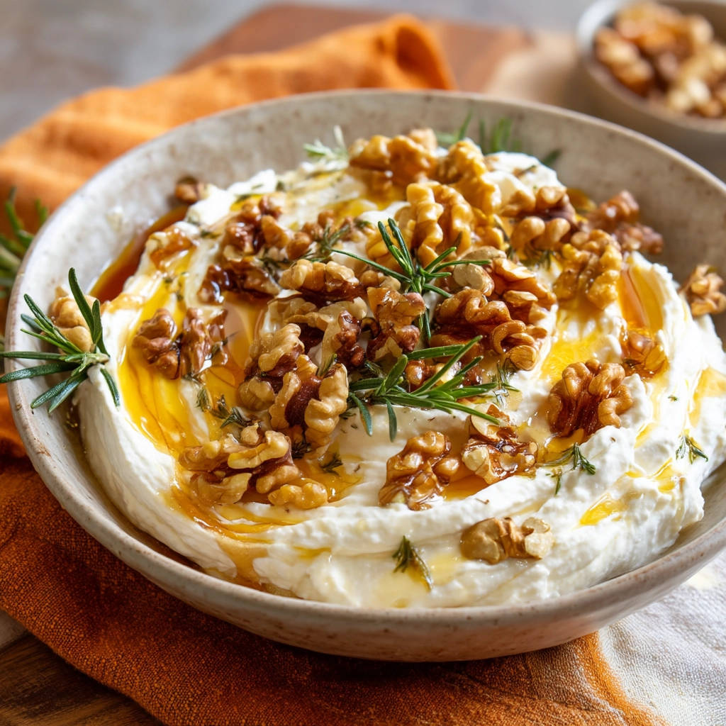 Whipped feta dip with walnuts and honey, featuring a close-up view of fresh rosemary garnish drizzled over the creamy dip.