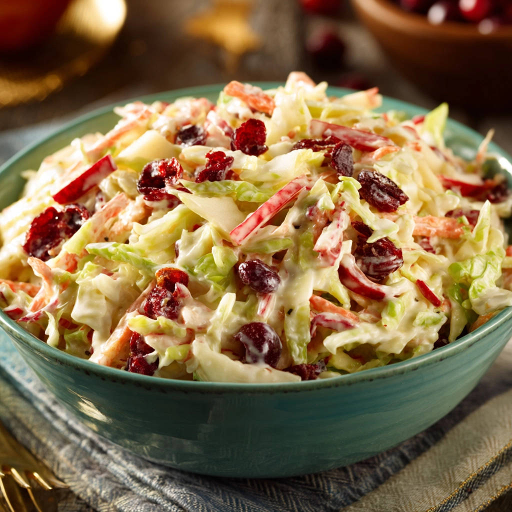 Apple cranberry coleslaw in a teal bowl, showcasing the creamy dressing and tart cranberries.