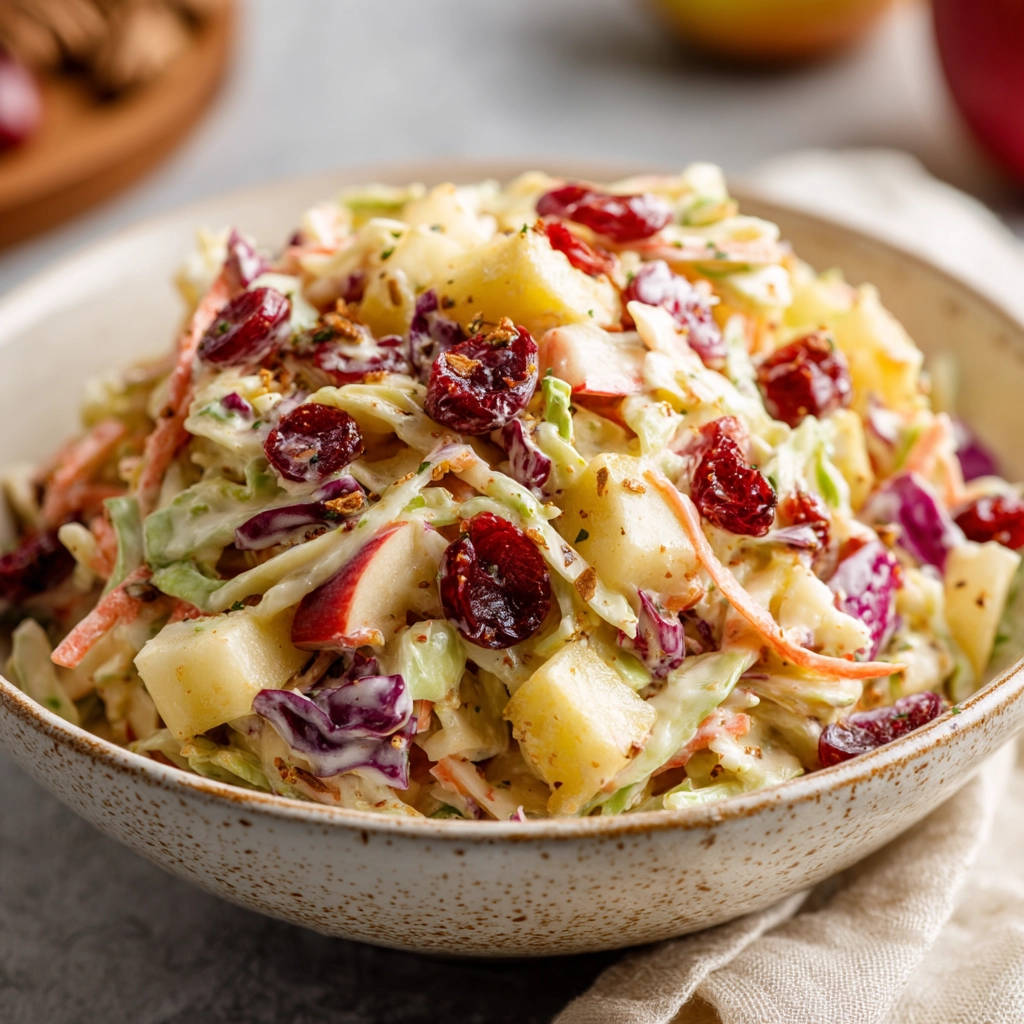 Apple cranberry coleslaw in a speckled bowl, showcasing its fresh ingredients and creamy dressing.