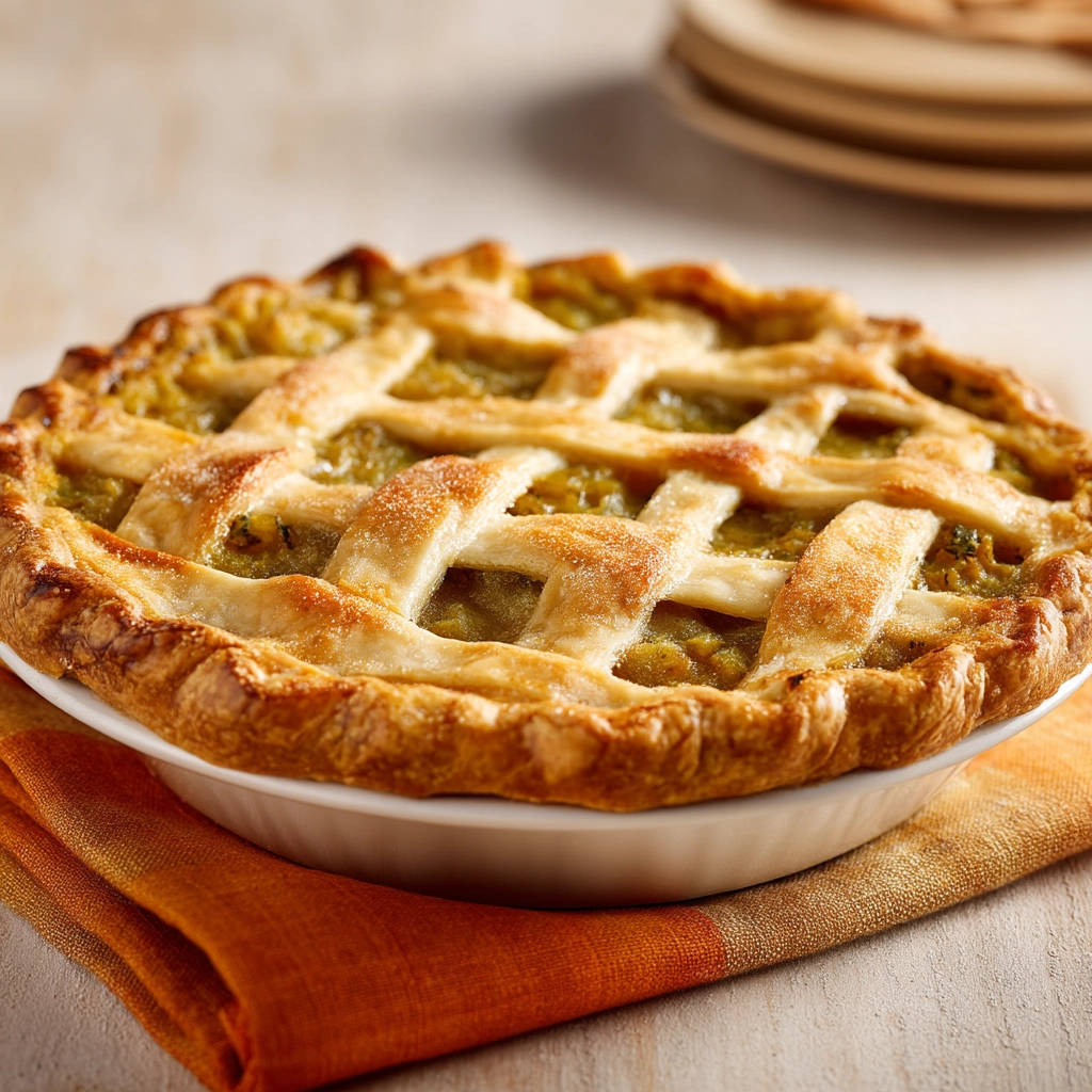 Classic apple pie with a golden brown lattice crust, showing a close-up view of the baked topping.