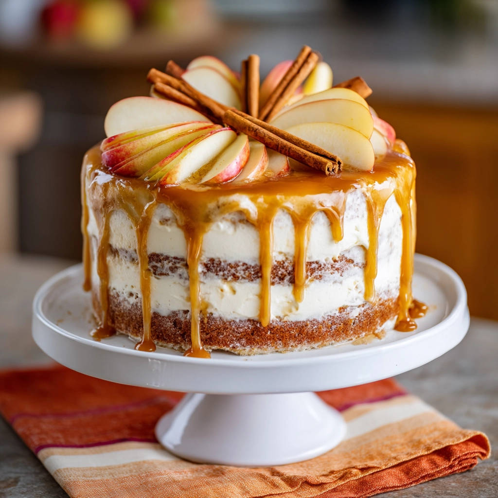 Apple spice cake with salted caramel drip, garnished with apple slices and cinnamon sticks on a white cake stand.