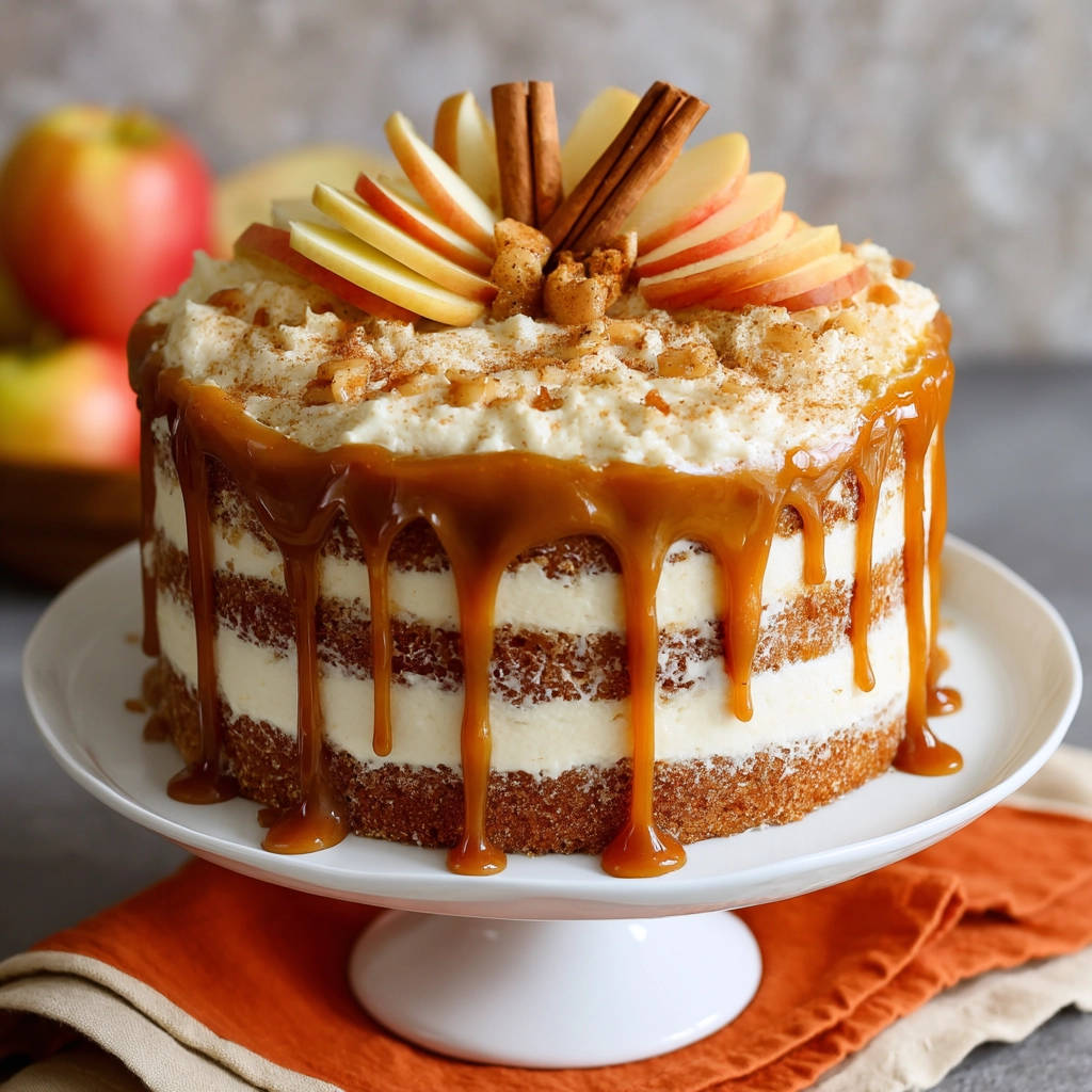 Apple spice cake with salted caramel drip and fresh apple slices, garnished with cinnamon sticks.