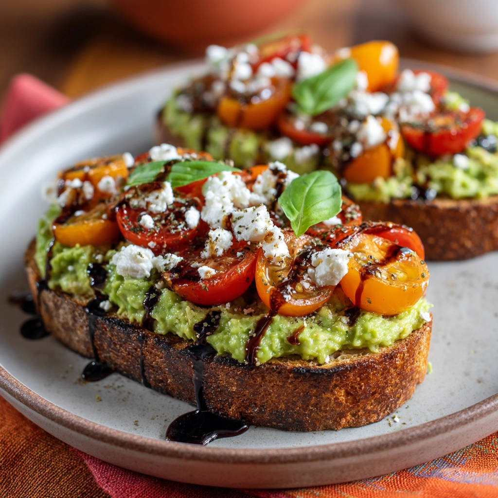 Avocado toast with burst tomatoes and feta cheese, drizzled with balsamic glaze on a plate.