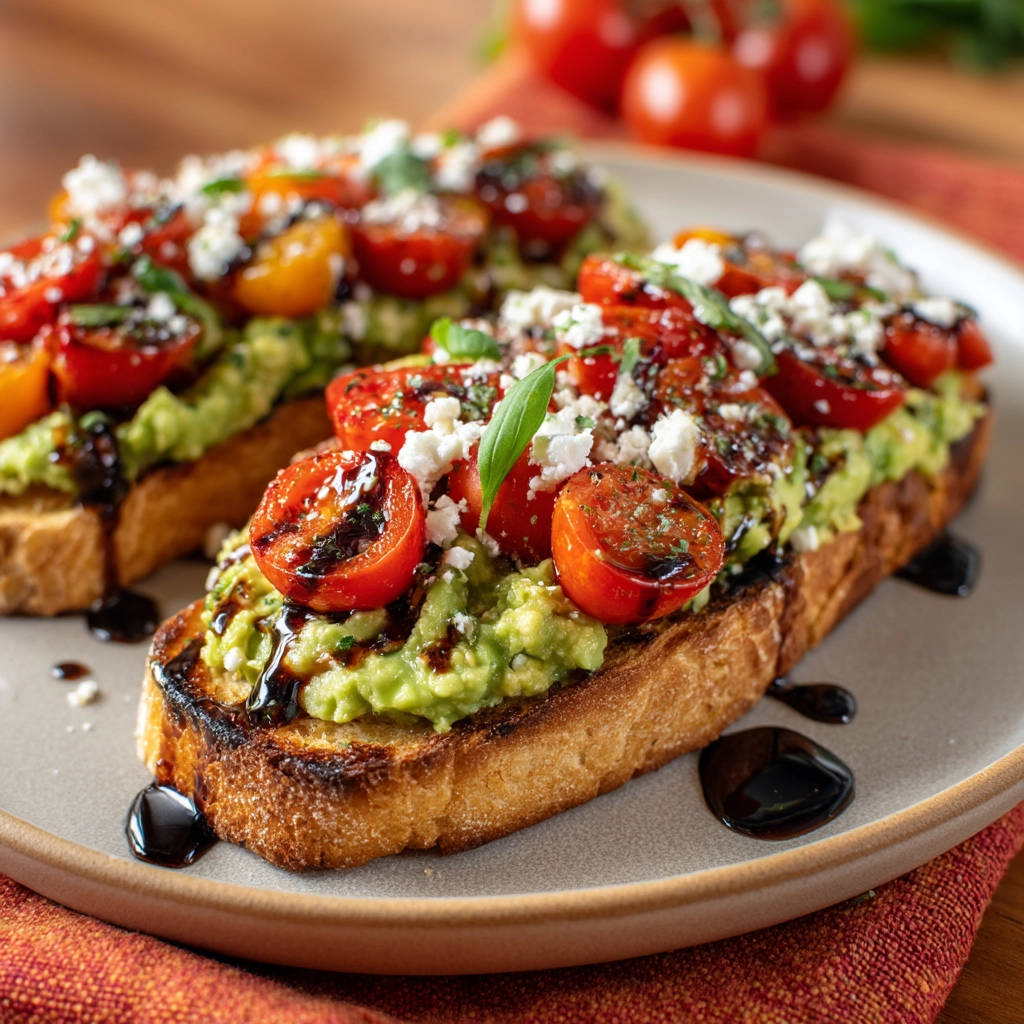 Avocado toast with burst tomatoes and feta, plated with a drizzle of balsamic glaze.