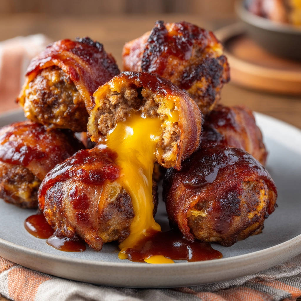 Easy bacon-wrapped cheese-stuffed meatballs shown in a close-up cross-section with gooey melted cheese oozing out.