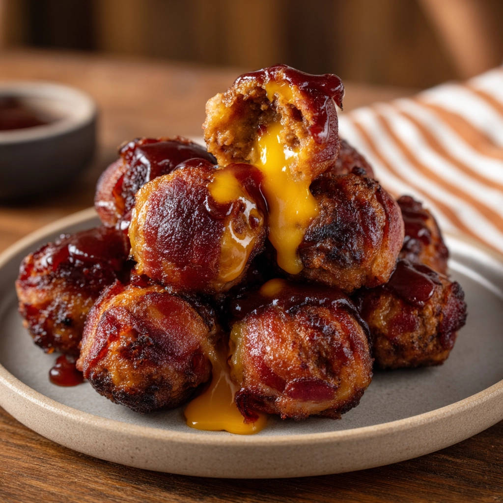 Easy bacon-wrapped cheese-stuffed meatballs with a gooey cheese center, shown in a close-up cross-section.