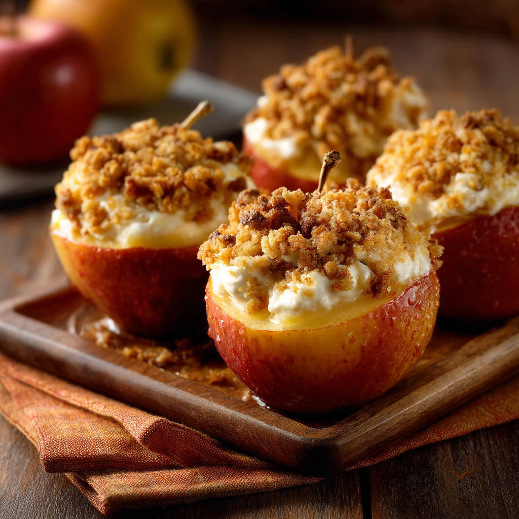 Cozy baked apples with crispy crumble filling served in a wooden tray.