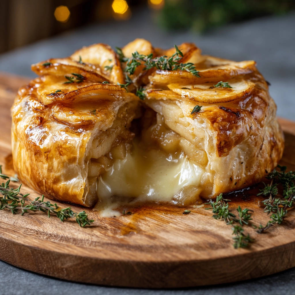 Baked brie with apples, showing a gooey, melted cheese cross-section, topped with fresh thyme.