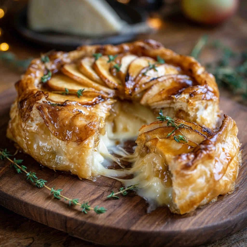 Baked Brie with Apples showing a gooey, melted cheese interior and golden puff pastry.