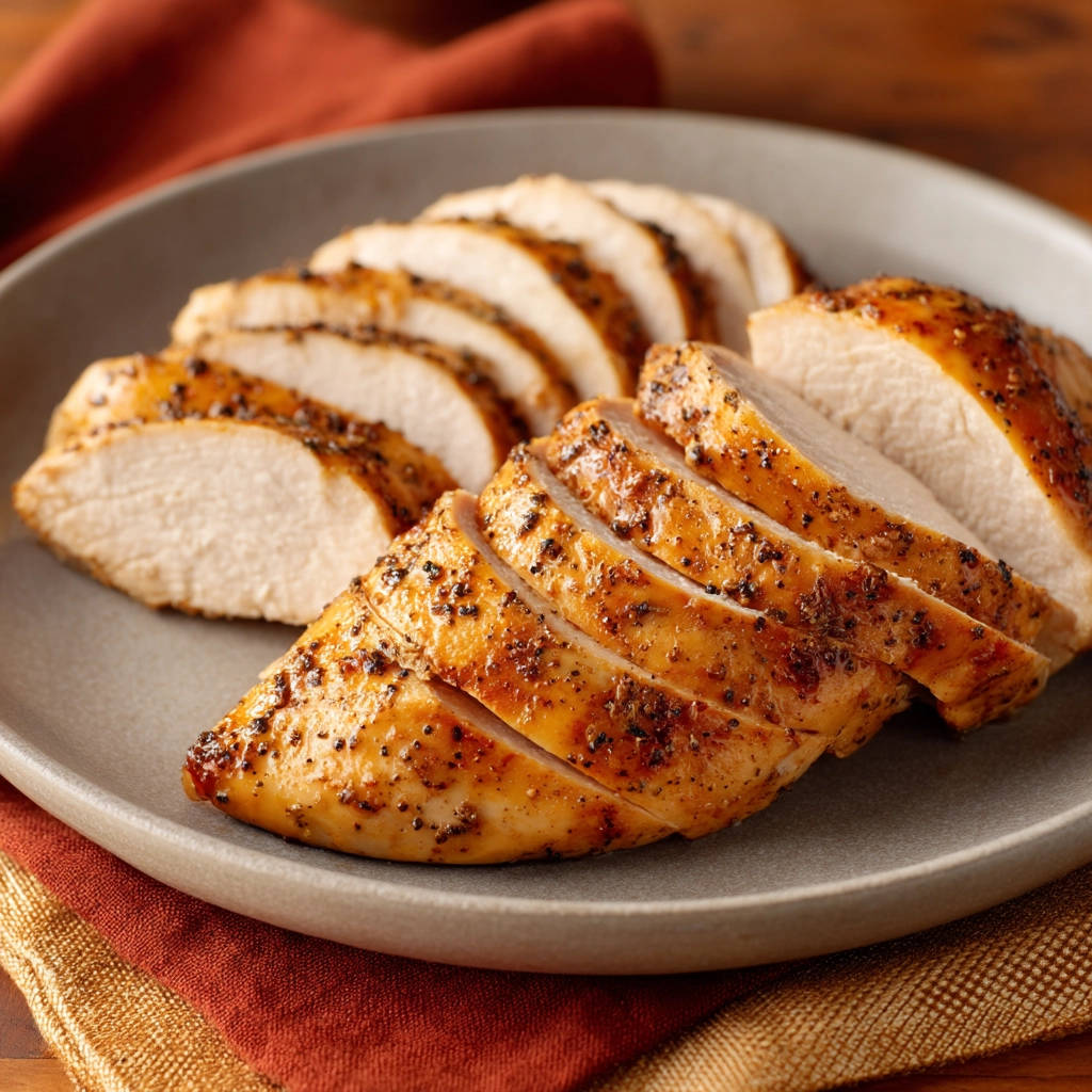Delicious baked chicken breast, sliced to reveal a tender interior with a seasoned crust.