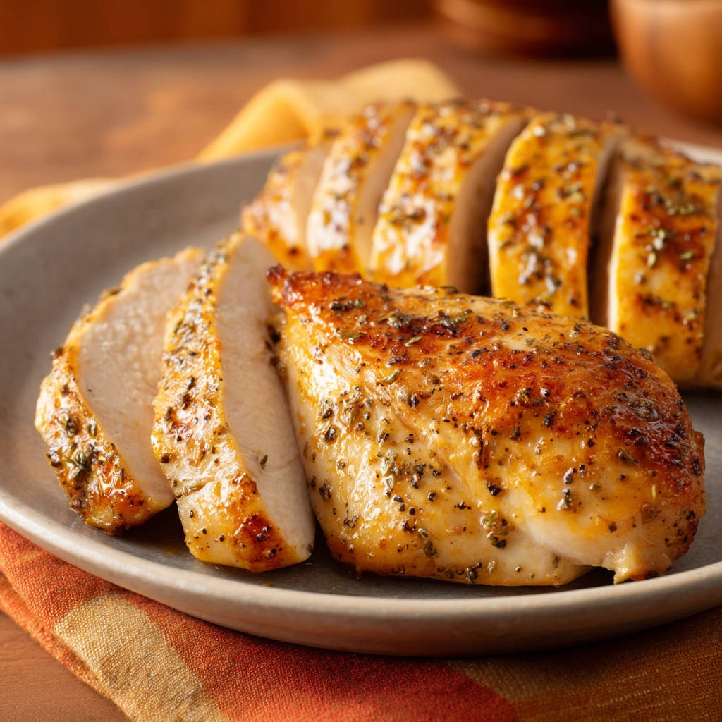 Delicious baked chicken breast sliced and presented in a close-up view on a plate, showcasing its seasoned exterior.