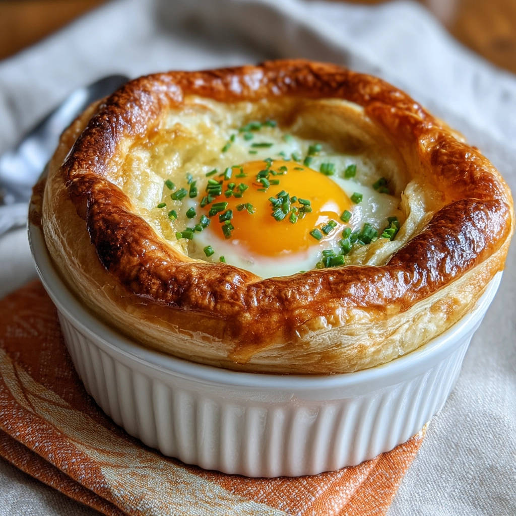 Baked egg ramekin with a golden, flaky pastry crust and fresh chives, served in a white dish.