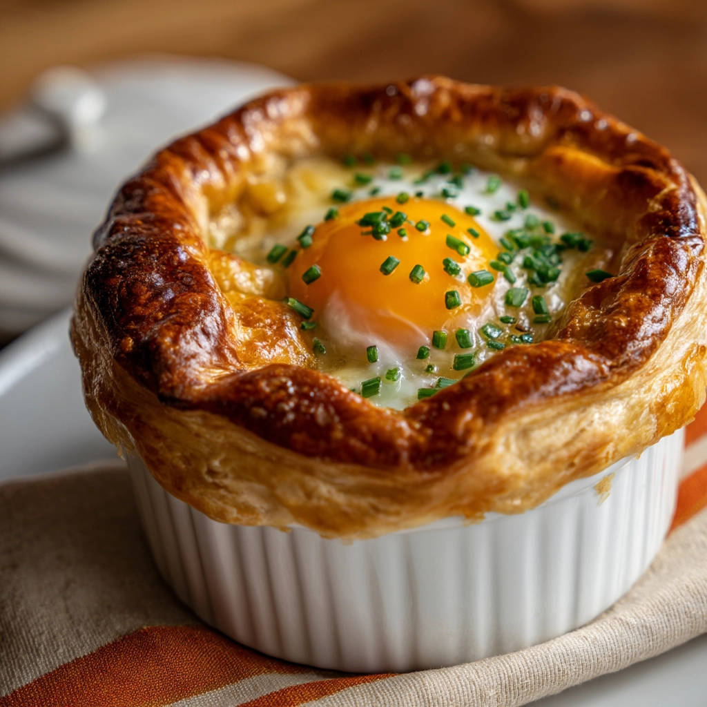 Baked egg ramekin with a golden puff pastry crust and a bright yellow yolk, garnished with chopped chives.