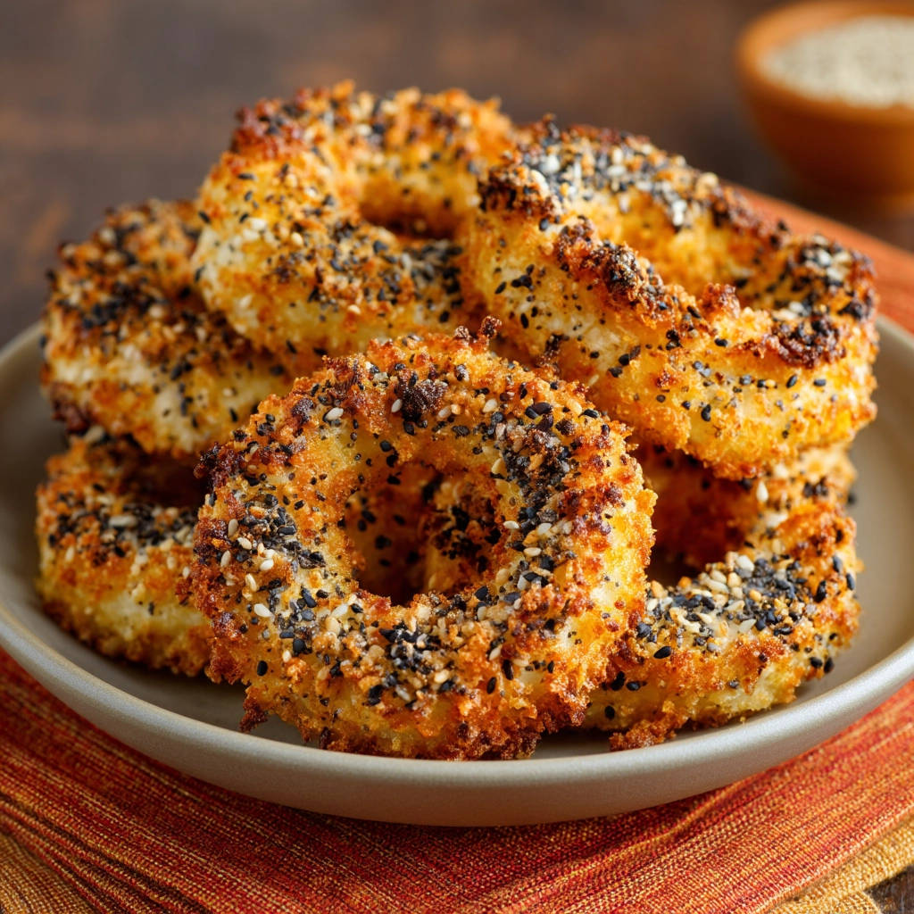 Baked everything bagel onion rings piled high on a plate, showcasing their golden-brown coating and sesame seed topping.