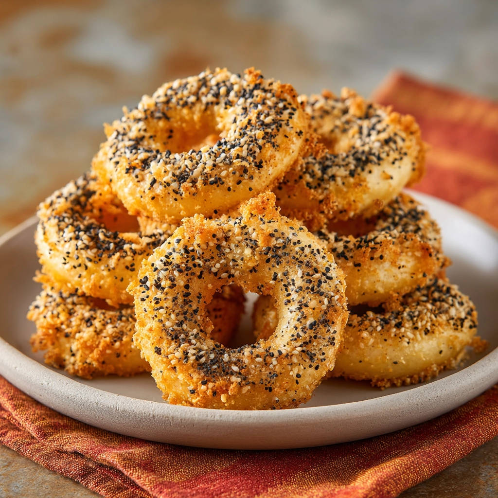 Baked everything bagel onion rings stacked on a plate, showing their seasoned toasted coating and golden-brown texture.