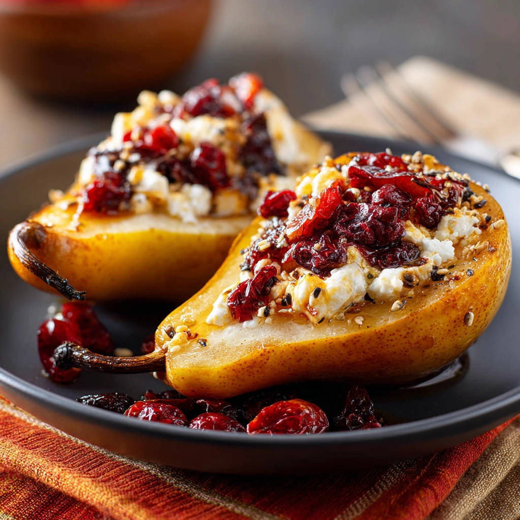 Elegant baked pears recipe shown as a close-up of a halved pear topped with cheese, cranberries, and seeds.