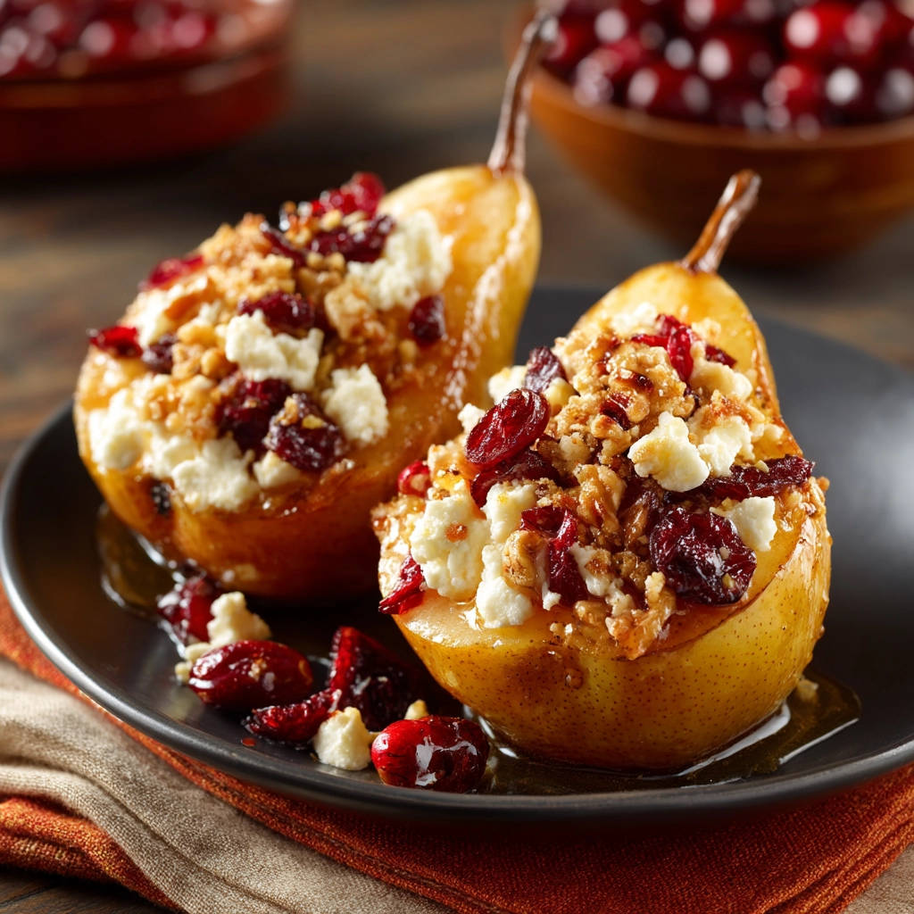 Elegant baked pears recipe features a close-up of two halves stuffed with feta cheese, cranberries, and crunchy nuts.