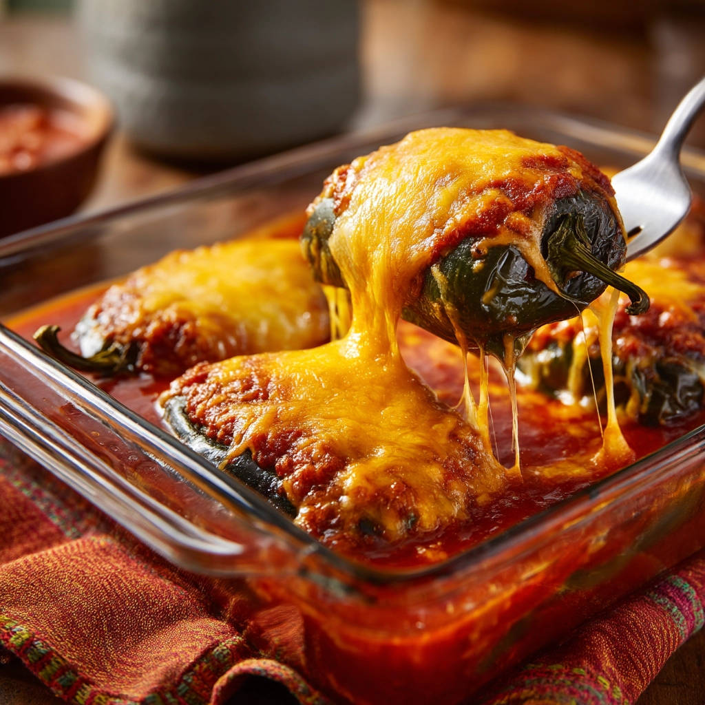 Baked stuffed poblano peppers with a fork lifting one, showing a gooey cheese pull.