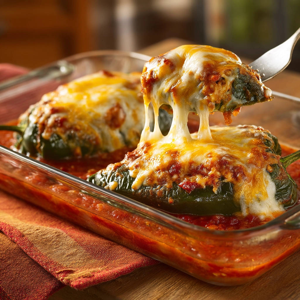 Baked stuffed poblano peppers with a cheesy pull as one is lifted from the dish.