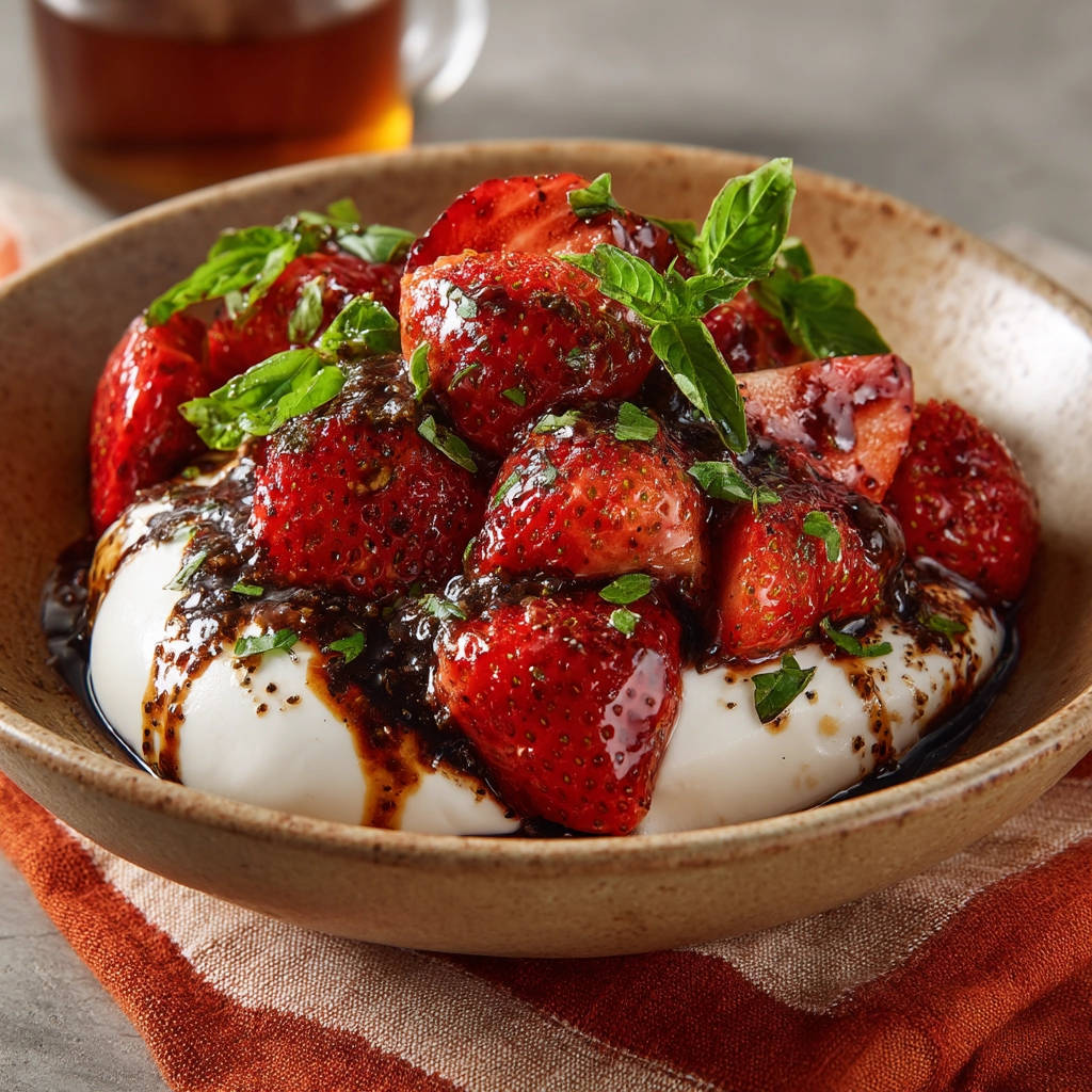 Balsamic strawberries with cream, a close-up view showcasing the rich balsamic drizzle and fresh basil garnish.
