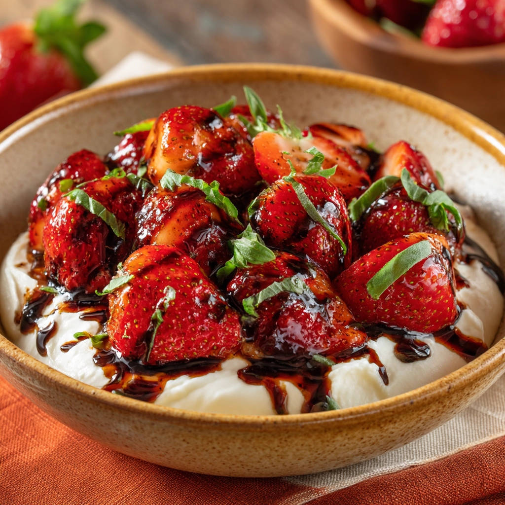 Balsamic strawberries with cream, showcasing a close-up detail of the glossy balsamic glaze drizzled over the fruit.