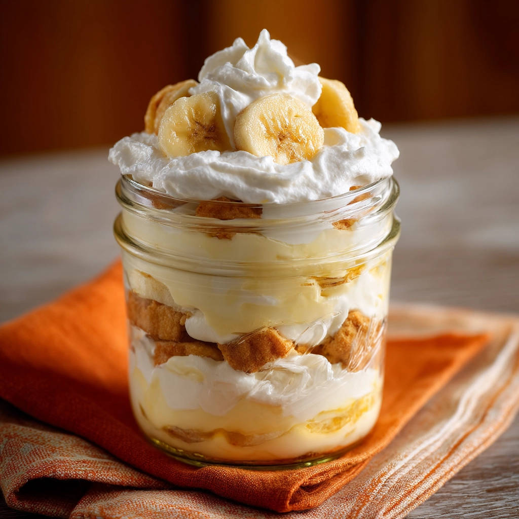Classic banana pudding jar with layers of pudding, cookies, and whipped topping garnished with banana slices.