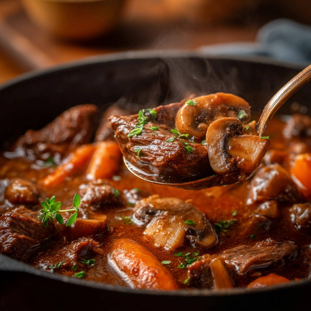 Classic beef and mushroom stew being scooped from a pot with a ladle, showing tender meat and mushrooms.