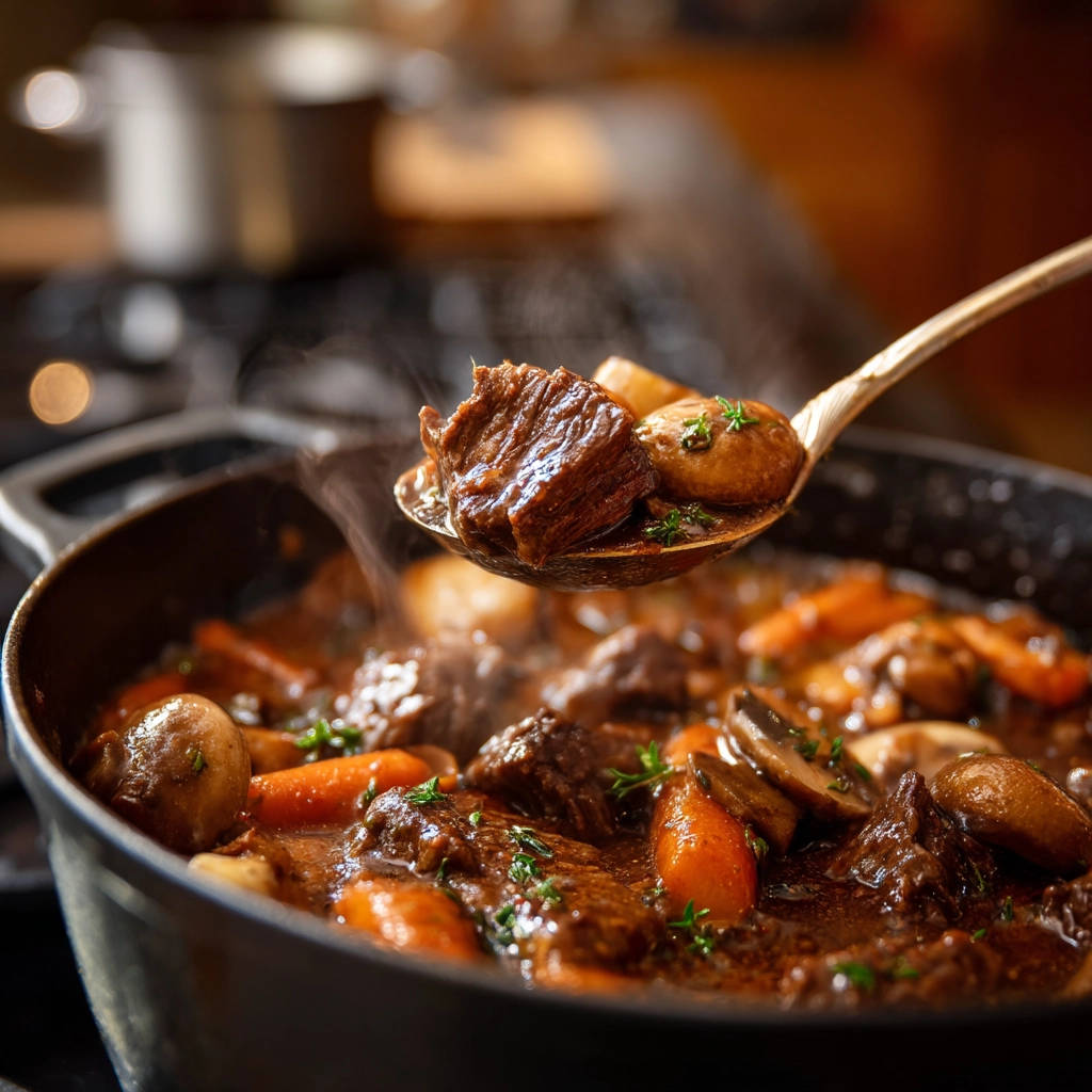 Classic Beef and Mushroom Stew served on a spoon, showing tender meat and mushrooms with steam rising.