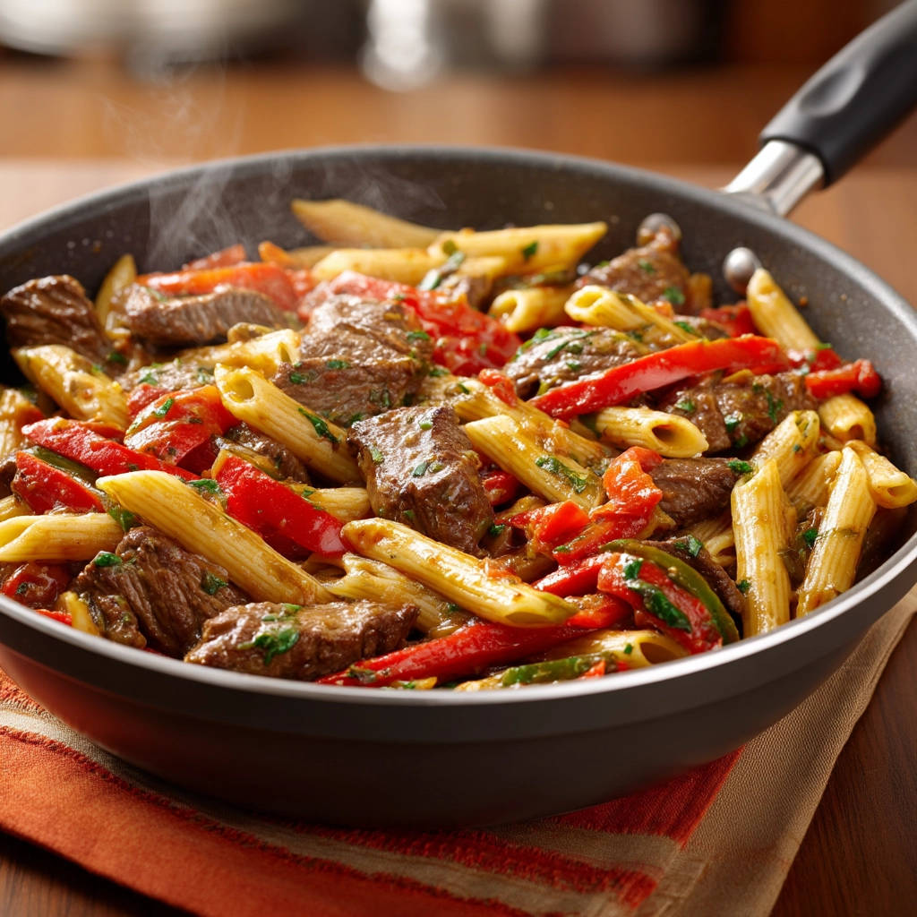 Beef and penne skillet steaming in a black pan, showcasing tender chunks of beef and red bell peppers.