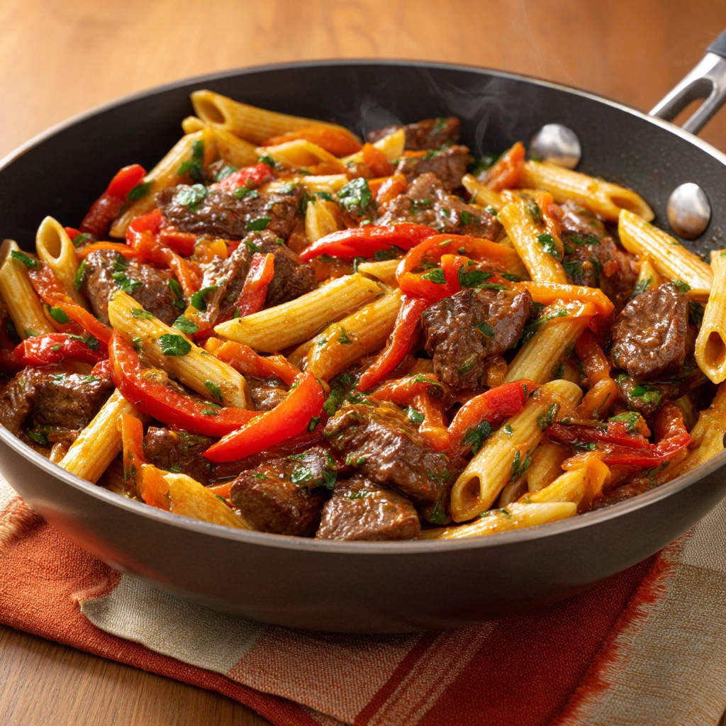 Beef and penne skillet, a hearty pasta dish with tender beef and red peppers, steaming in a black skillet.