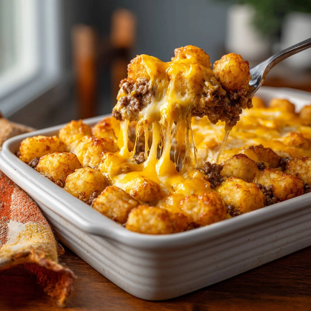 Easy Beef and Tot Bake with a forkful showing melted cheese strings being pulled up from the dish.
