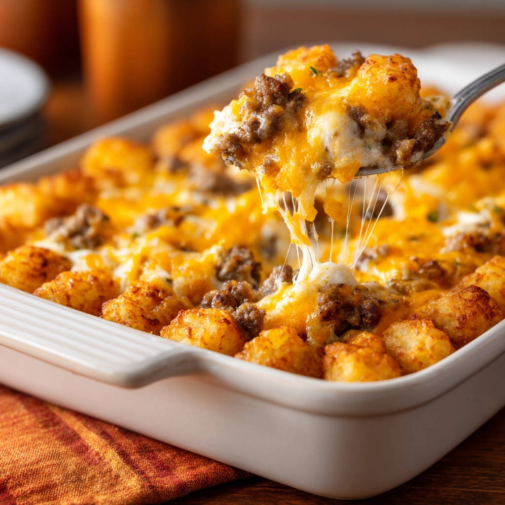 Easy Beef and Tot Bake with a spoonful lifting up showing gooey melted cheese strings.