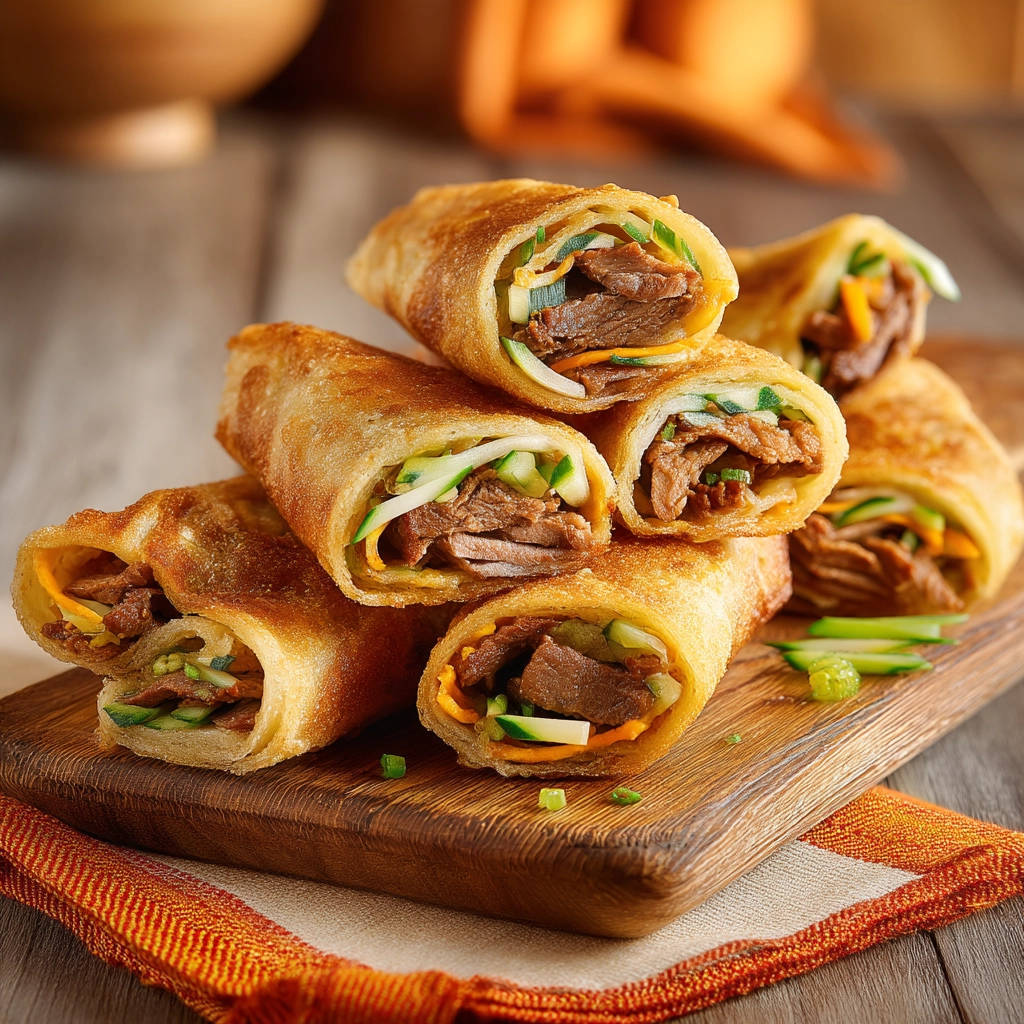 Savory Beef & Veggie Rolls shown in a close-up cross-section revealing the tender beef and fresh vegetables inside the golden pan-fried wrapper.