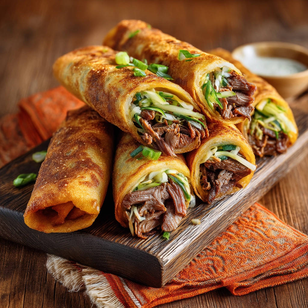 Savory beef &amp; veggie rolls showing a cross-section with shredded meat and vegetables, garnished with green onions.