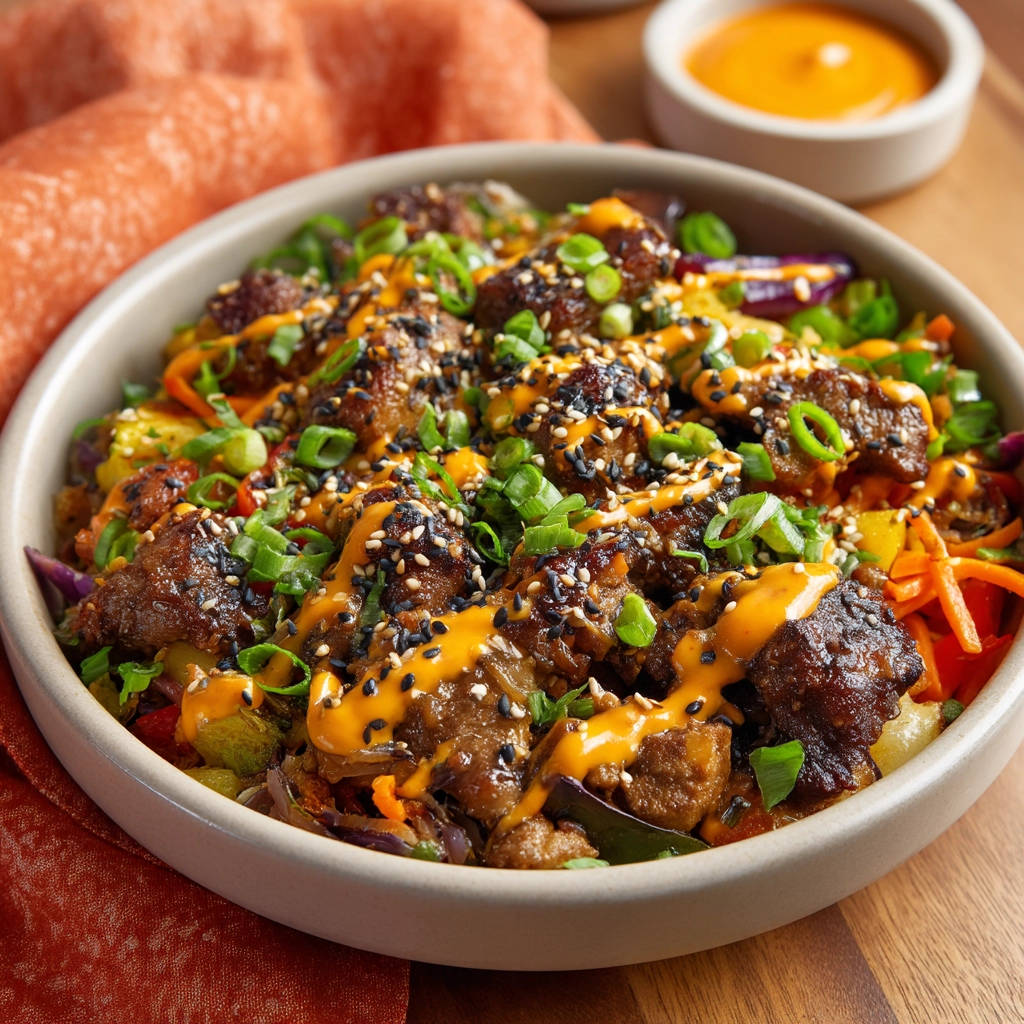 Beef &amp; Veggie Stir-Fry Bowl featuring tender beef, colorful vegetables, and a generous drizzle of creamy orange sauce.