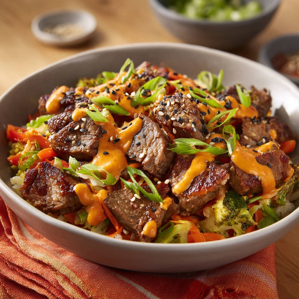 Beef & Veggie Stir-Fry Bowl drizzled with creamy orange sauce and garnished with sesame seeds and scallions.