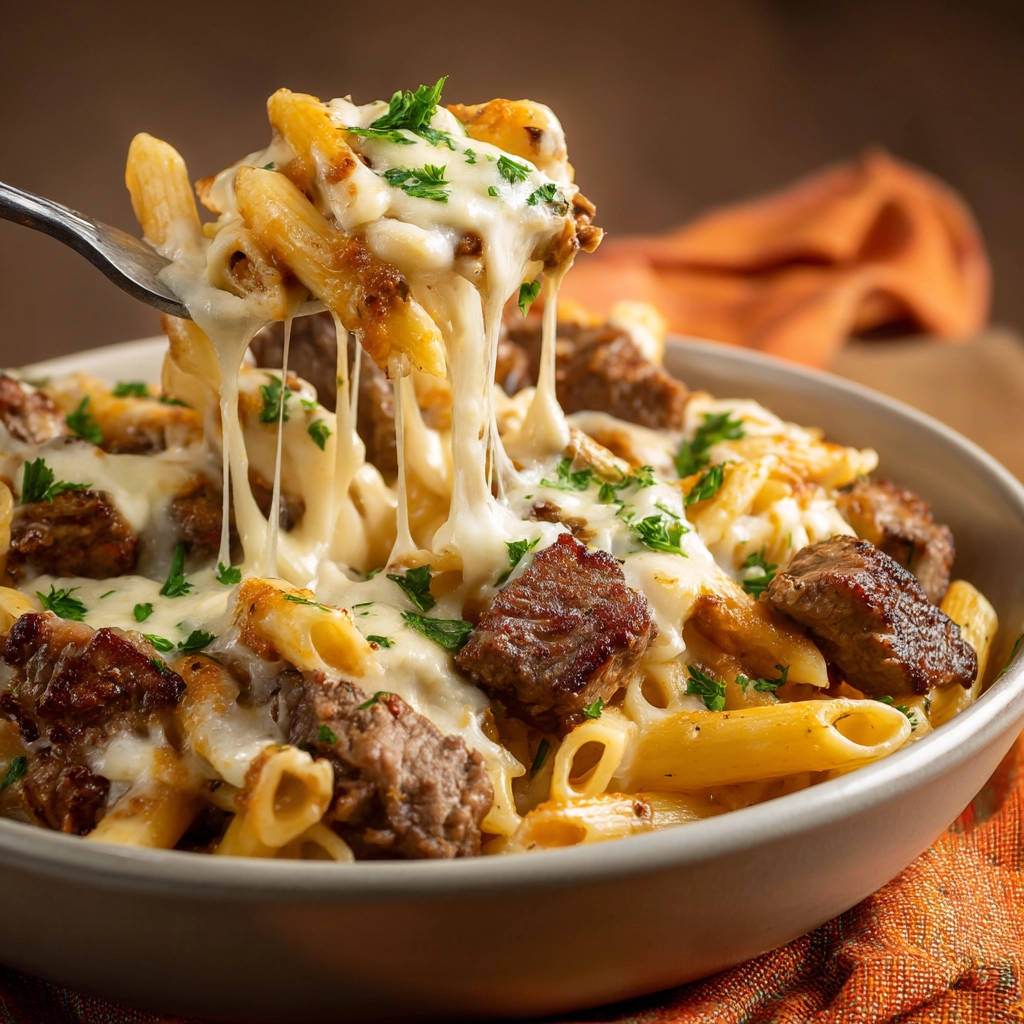 Beefy cheesy penne with a dramatic cheese pull, showcasing tender meat and pasta in a rich sauce.