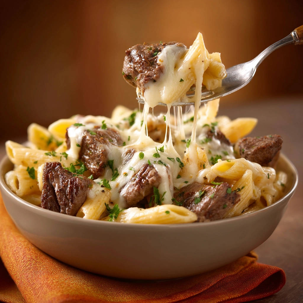 Beefy cheesy penne with a forkful showcasing the gooey melted cheese and tender meat.