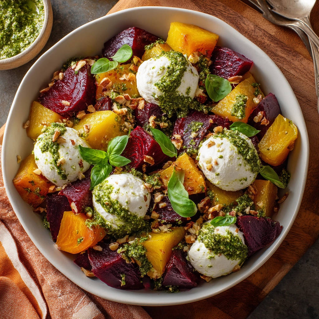Colorful beet &amp; mozzarella salad recipe shown in an overhead view of a white bowl with fresh basil and nuts.